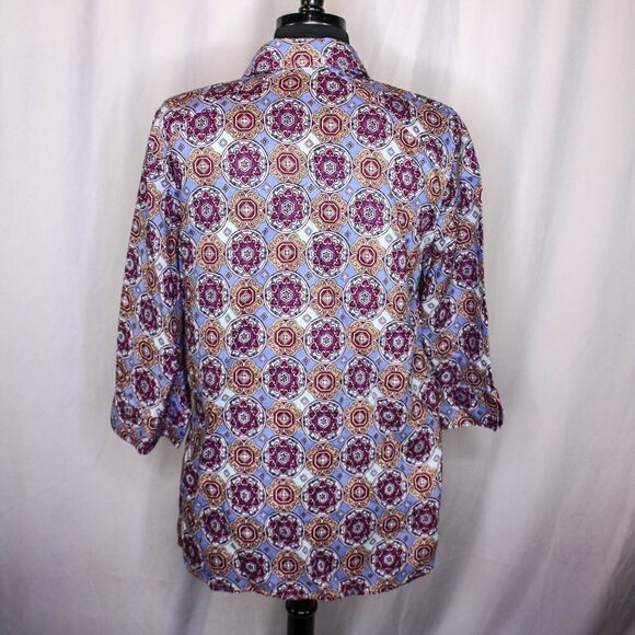 Chico's Top 100% Linen Button Down No Iron Blouse Print Size 1 8/10 - Picture 3 of 4